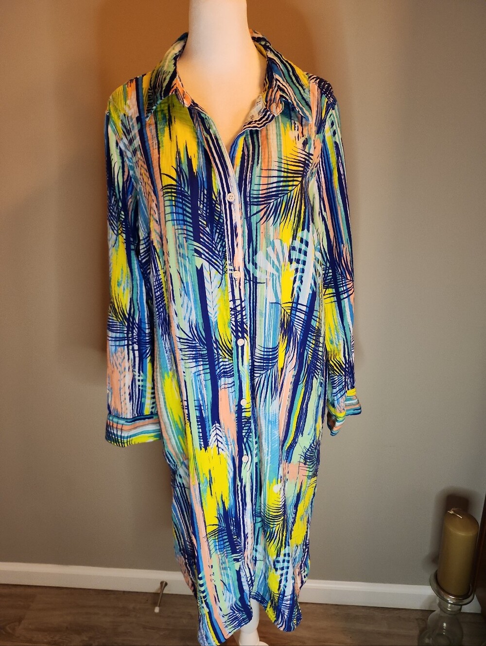 D& Co. Beach Colorful Palm-Print Button-Front Shirt Dress/cover Up
